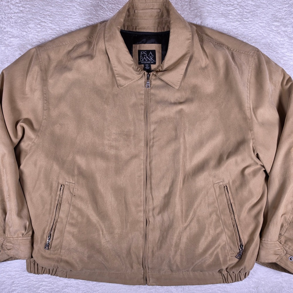 Jos. A. Bank Harrington Mens XXL Beige Nylon Wool L/S Plaid Lined Zip Jacket